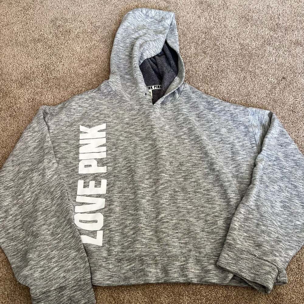 Victoria's Secret PINK Gray Love Pink Crop Hoodie Sweatshirt Size Large